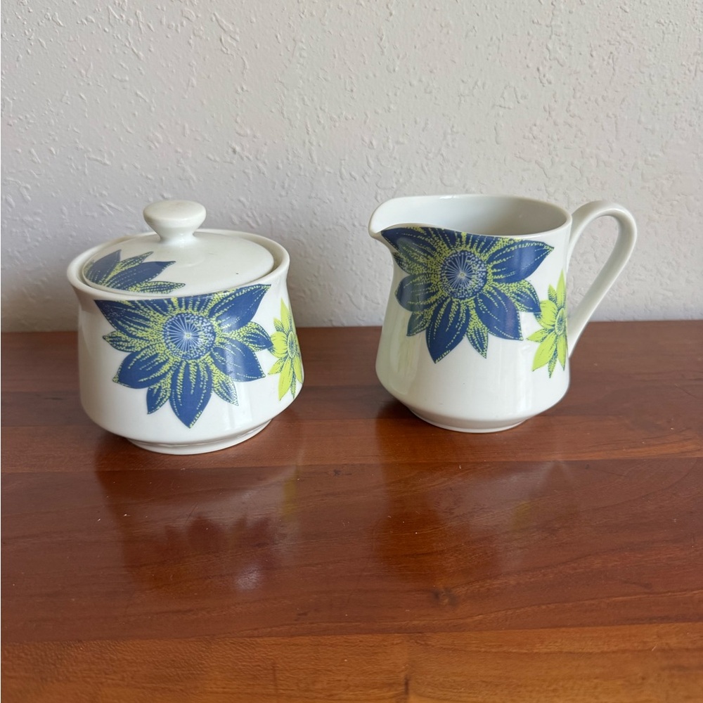 Japan Fine China Blue Dahlia Creamer and Sugar Vintage Estate Blue Green Floral